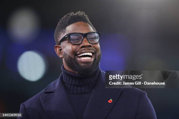 Pundit Micah Richards reacts during the Carabao Cup Third Round match between Manchester City and Chelsea at Etihad Stadium on November 09, 2022 in...