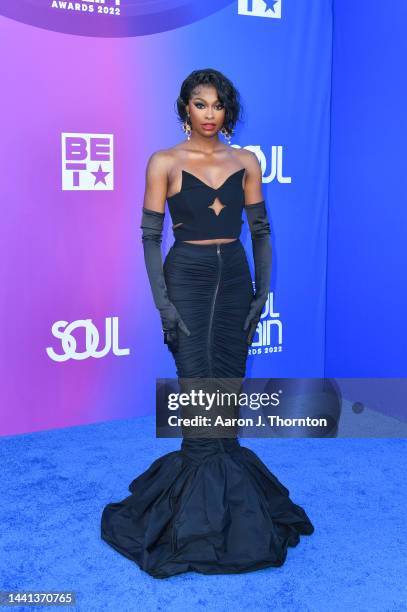 Coco Jones arrives to the 2022 Soul Train Music Awards at the Orleans Arena on November 13, 2022 in Las Vegas, Nevada.