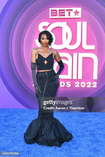 Coco Jones arrives to the 2022 Soul Train Music Awards at the Orleans Arena on November 13, 2022 in Las Vegas, Nevada.