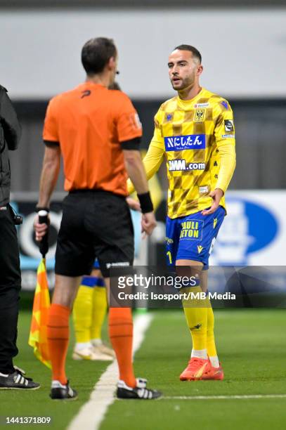 Fatih Kaya of Sint-Truidense VV reacts after being sent off during the Jupiler Pro League match between Sint-Truidense VV and Cercle Brugge at Stayen...