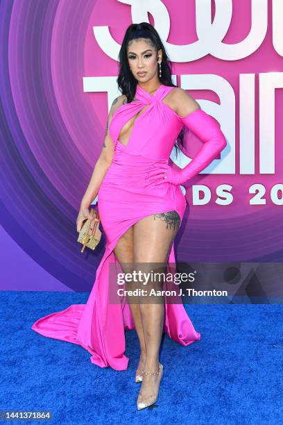 Queen Naija arrives to the 2022 Soul Train Music Awards at the Orleans Arena on November 13, 2022 in Las Vegas, Nevada.