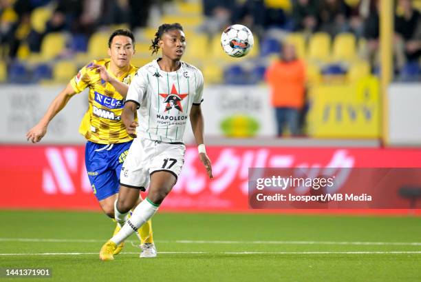 Shinji Okazaki of Sint-Truidense VV pressures Abu Francis of Cercle Brugge during the Jupiler Pro League match between Sint-Truidense VV and Cercle...