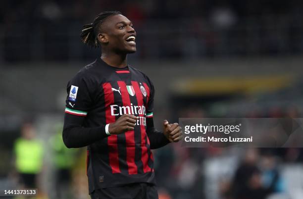 Rafael Leao of AC Milan celebrates after scoring the opening goal during the Serie A match between AC Milan and ACF Fiorentina at Stadio Giuseppe...