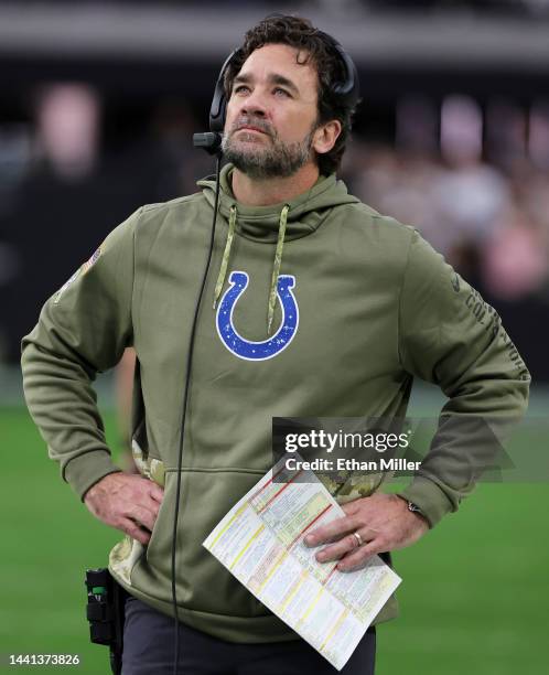 Interim head coach Jeff Saturday of the Indianapolis Colts looks on in the second quarter of a game against the Las Vegas Raiders at Allegiant...