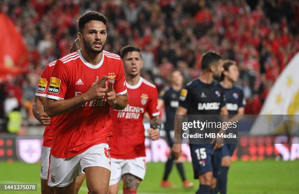 Gonçalo Ramos celebrates a goal during the Liga Portugal Bwin match between SL Benfica and Gil Vicente at Estadio do Sport Lisboa e Benfica on...