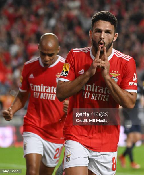 Gonçalo Ramos celebrates a goal during the Liga Portugal Bwin match between SL Benfica and Gil Vicente at Estadio do Sport Lisboa e Benfica on...