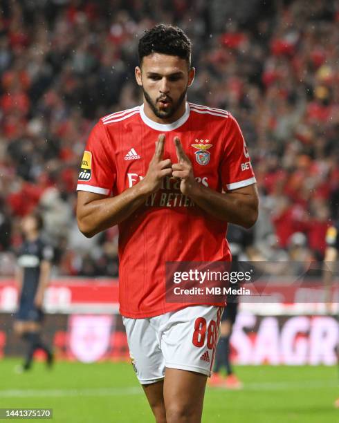 Gonçalo Ramos celebrates a goal during the Liga Portugal Bwin match between SL Benfica and Gil Vicente at Estadio do Sport Lisboa e Benfica on...