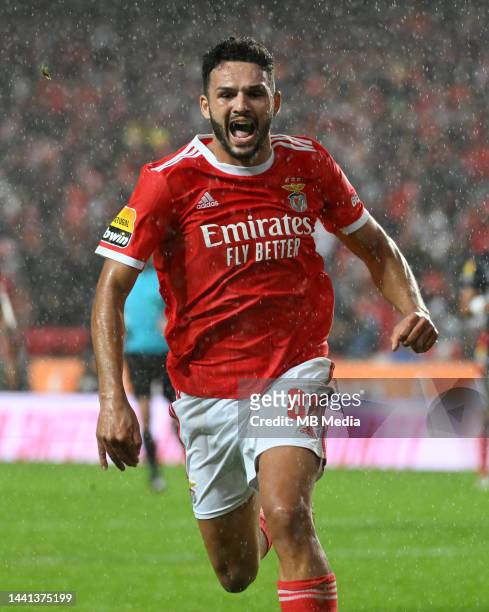 Gonçalo Ramos celebrates a goal during the Liga Portugal Bwin match between SL Benfica and Gil Vicente at Estadio do Sport Lisboa e Benfica on...