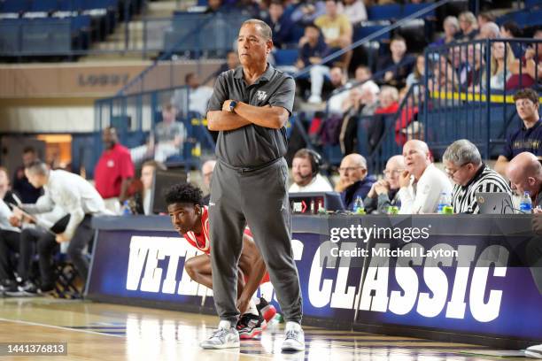 Head coach Kelvin Sampson of the Houston Cougars looks on during the Veterans Classic college basketball game against the Saint Joseph's Hawks at...