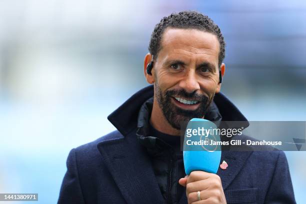 Pundit Rio Ferdinand during the Premier League match between Manchester City and Brentford FC at Etihad Stadium on November 12, 2022 in Manchester,...