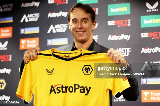 Julen Lopetegui, Manager of Wolverhampton Wanderers speaks to the media during his first press conference at Molineux on November 14, 2022 in...