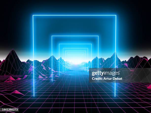 futuristic digital cyberspace with neon gates in surreal virtual reality. - 80s laser background stock-fotos und bilder