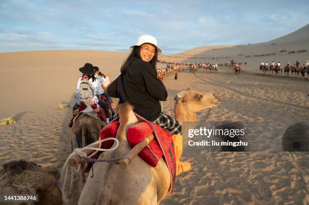 girl travels by camel in desert - camel stock pictures, royalty-free photos & images