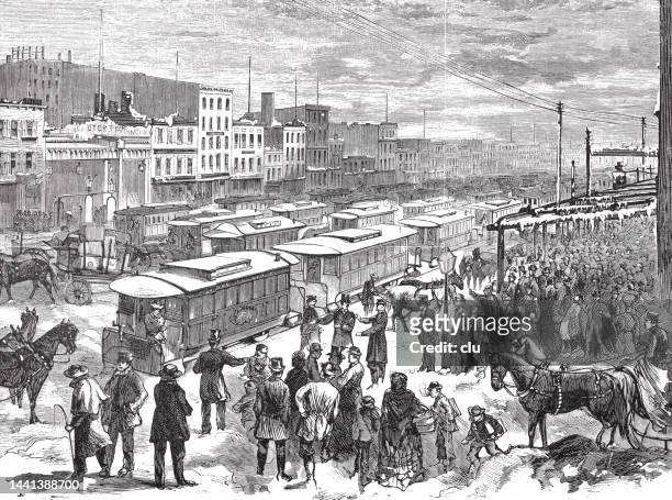 bildbanksillustrationer, clip art samt tecknat material och ikoner med new york city, street blockade by a heavy snowstorm, 1871 - exclusive offer