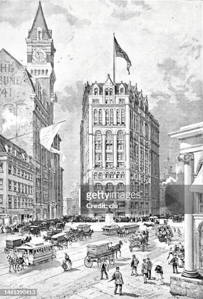 new york city, the new building of the new york times, 1888 - 1880s stock illustrations