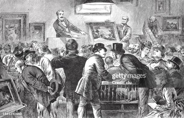 new york city, a paintings auction, 1875 - auktion stock illustrations