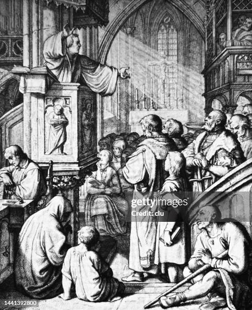 martin luther preaches in the church in wittenberg - protestantism stock illustrations