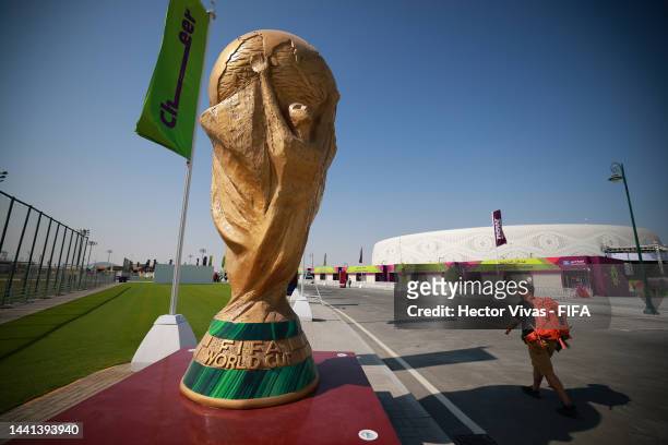 World Cup trophy monument is seen at the entrance of Al Thumama stadium ahead of the FIFA World Cup Qatar 2022 on November 14, 2022 in Doha, Qatar.