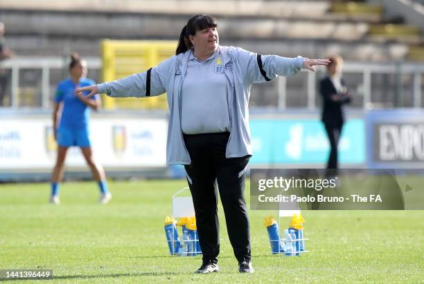 Mo Marley, Manager of England WU23 gives instructions during the warm up prior to the WU23 International Friendly match between Italy Women and...