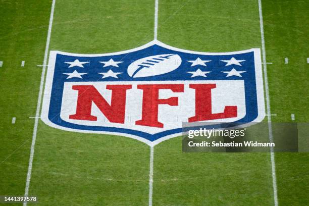 The NFL logo is painted on the field prior to the NFL match between Seattle Seahawks and Tampa Bay Buccaneers at Allianz Arena on November 13, 2022...