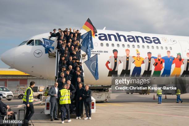 German's Football National team pose for a photo before they depart for Pre World Cup Training Camp in Oman at Frankfurt International Airport on...