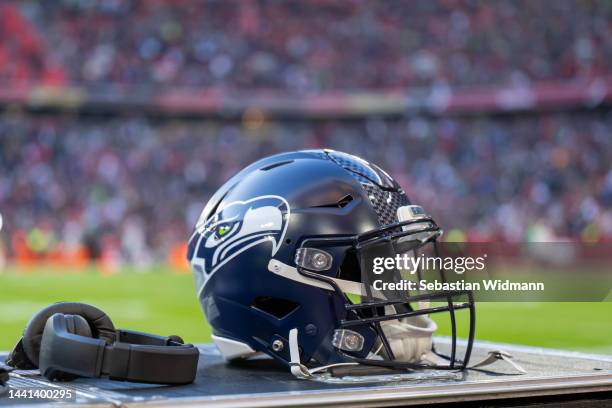 Helmet of the Seattle Seahawks is seen prior to the NFL match between Seattle Seahawks and Tampa Bay Buccaneers at Allianz Arena on November 13, 2022...