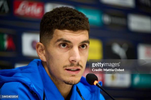 Giovanni Di Lorenzo of Italy speaks with the media at Centro Tecnico Federale di Coverciano on November 14, 2022 in Florence, Italy.