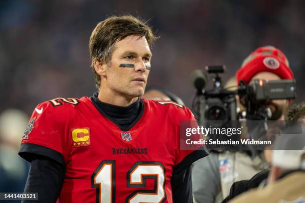 Tom Brady of the Tampa Bay Buccaneers looks on after the NFL match between Seattle Seahawks and Tampa Bay Buccaneers at Allianz Arena on November 13,...