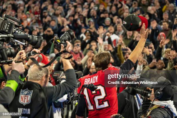 Tom Brady of the Tampa Bay Buccaneers acknowledges the crowd after the final play of the NFL match between Seattle Seahawks and Tampa Bay Buccaneers...