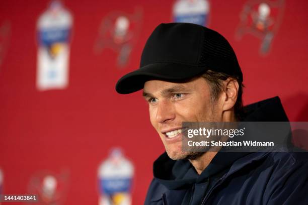 Tom Brady of the Tampa Bay Buccaneers speaks to the media after their side's victory in the NFL match between Seattle Seahawks and Tampa Bay...