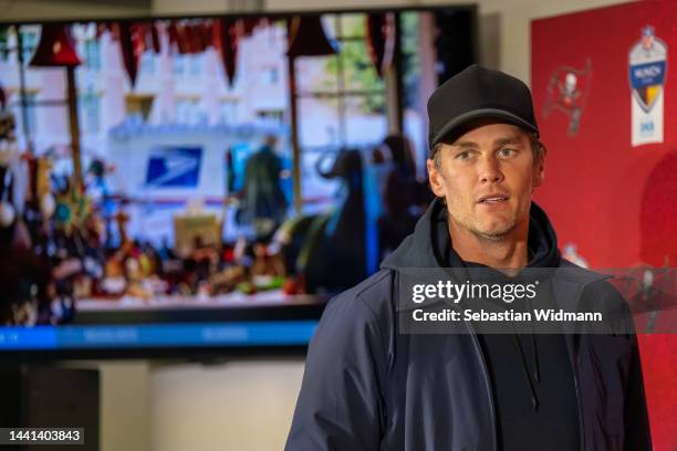 Tom Brady of the Tampa Bay Buccaneers speaks to the media after their side's victory in the NFL match between Seattle Seahawks and Tampa Bay...