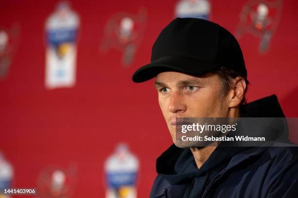 Tom Brady of the Tampa Bay Buccaneers speaks to the media after their side's victory in the NFL match between Seattle Seahawks and Tampa Bay...