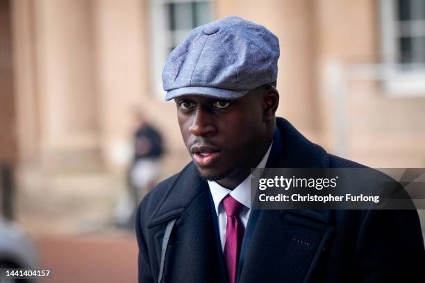 Benjamin Mendy, a player for Manchester City, arrives for the continuation of his trial at Chester Crown Court on November 14, 2022 in Chester,...