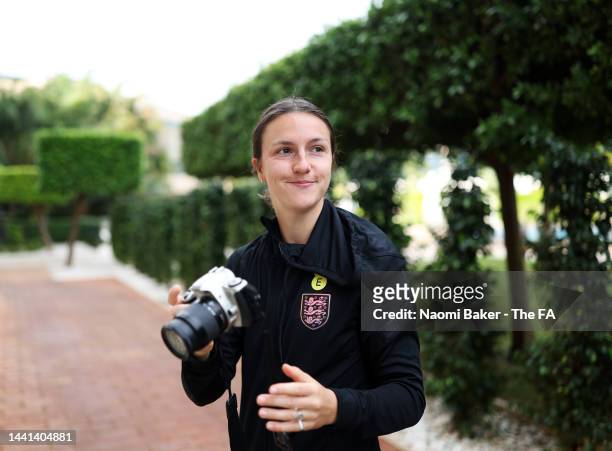 Lotte Wubben-Moy of England takes photographs during a walk and talk at the hotel ahead of at Pinatar Arena on November 11, 2022 in Murcia, Spain.