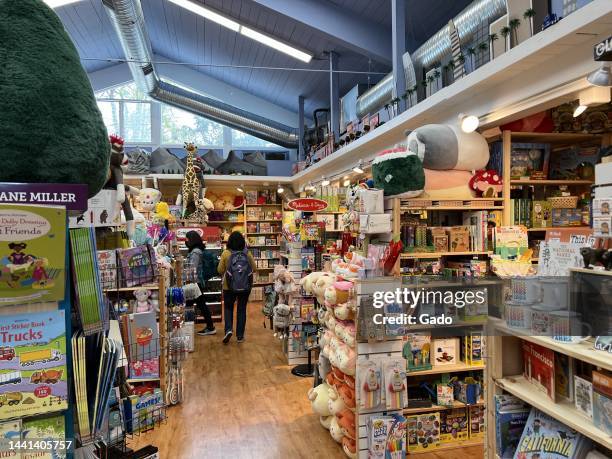 Five Little Monkeys toy store interior, with shelves full of colorful toys, games, books, and plushies, with two warmly dressed female customers near...