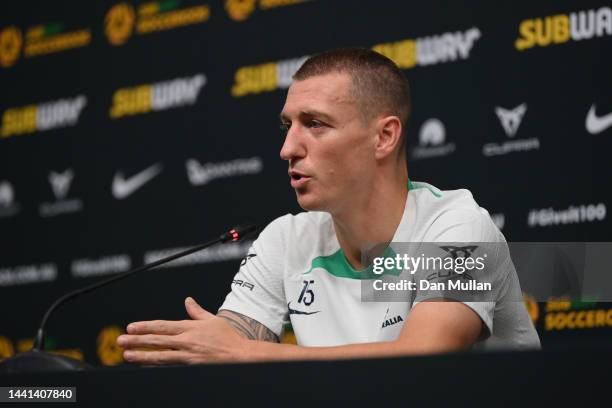 Mitch Duke of Australia talks to the media during a press conference at Aspire Zone Training Facilities on November 14, 2022 in Doha, Qatar.