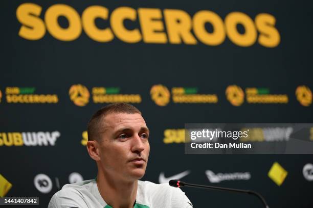 Mitch Duke of Australia talks to the media during a press conference at Aspire Zone Training Facilities on November 14, 2022 in Doha, Qatar.