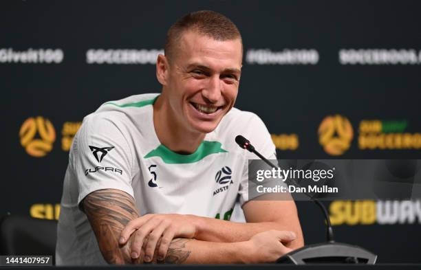 Mitch Duke of Australia talks to the media during a press conference at Aspire Zone Training Facilities on November 14, 2022 in Doha, Qatar.