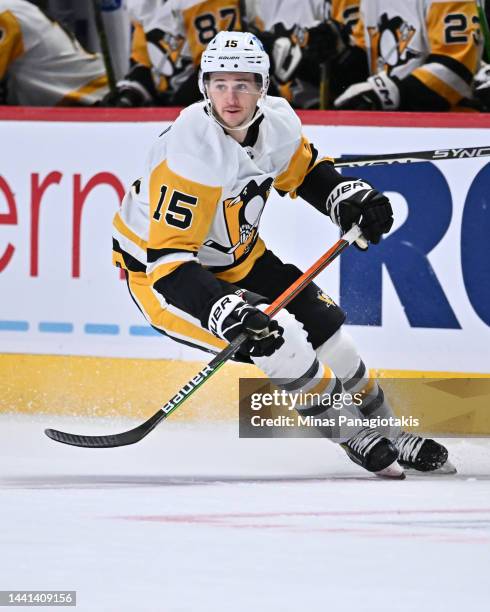 Josh Archibald of the Pittsburgh Penguins skates against the Montreal Canadiens during the second period at Centre Bell on November 12, 2022 in...