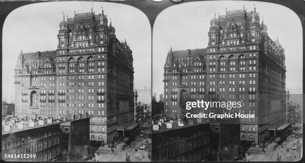 Stereoscopic image showing the exterior of the Waldorf Astoria Hotel on Park Avenue in Midtown Manhattan, New York City, New York, circa 1915.