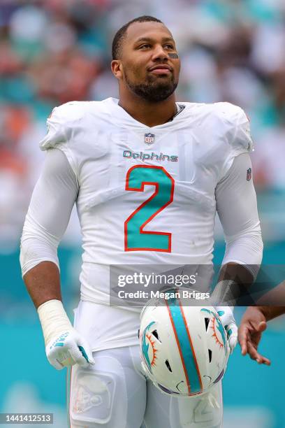 Bradley Chubb of the Miami Dolphins looks on against the Cleveland Browns during the second half at Hard Rock Stadium on November 13, 2022 in Miami...