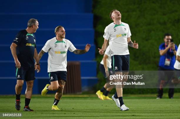 Harry Souttar of Australia reacts during a training session at AspireZoneTraining Facilities on November 14, 2022 in Doha, Qatar.