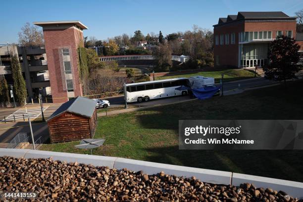 The crime scene where 3 people were killed and 2 others wounded is shown on the grounds of the University of Virginia on November 14, 2022 in...