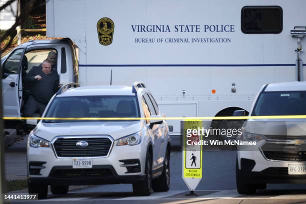 Virginia State Police criminal investigation truck is shown at the crime scene where 3 people were killed and 2 others wounded on the grounds of the...