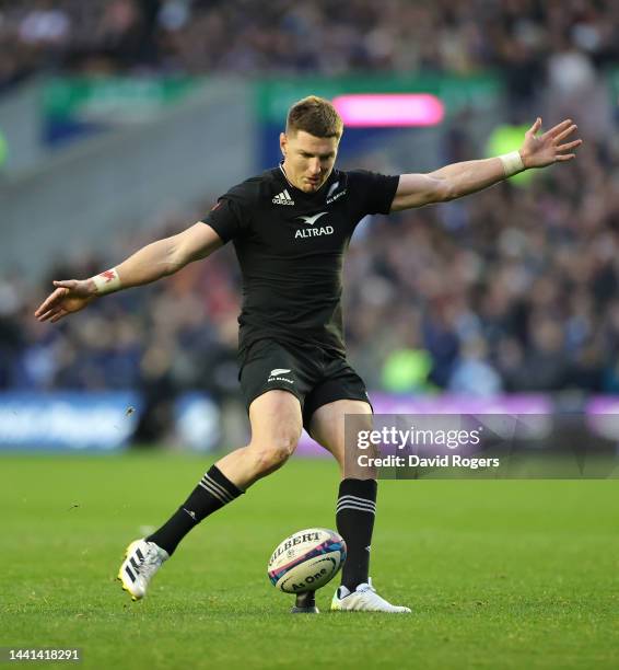 Jordie Barrett of New Zealand kicks a conversion during the Autumn International match between Scotland and New Zealand All Blacks at Murrayfield...