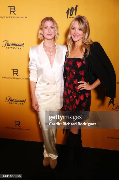 Jennifer Landon and Hassie Harrison attend the premiere for Paramount Network's "Yellowstone" Season 5 at Hotel Drover on November 13, 2022 in Fort...