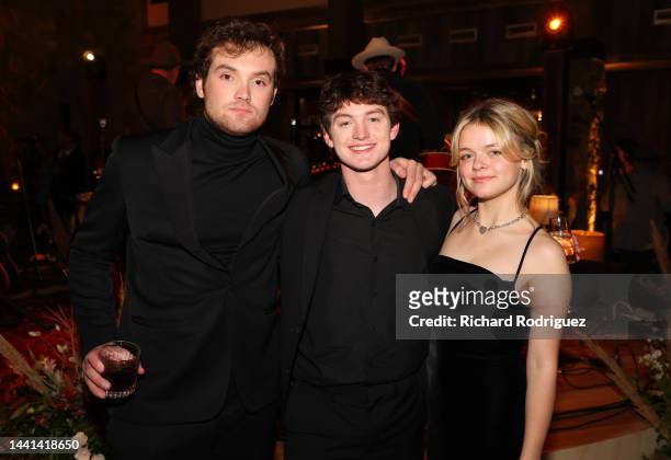 Kai Caster, Kyle Silverstein, and Kylie Rogers attends the premiere for Paramount Network's "Yellowstone" Season 5 at Hotel Drover on November 13,...