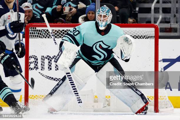 Martin Jones of the Seattle Kraken tends net during the second period against the Winnipeg Jets at Climate Pledge Arena on November 13, 2022 in...