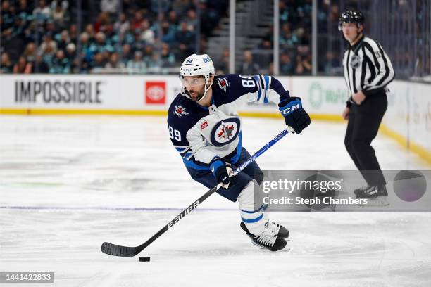 Sam Gagner of the Winnipeg Jets skates with the puck against the Seattle Kraken during the third period at Climate Pledge Arena on November 13, 2022...