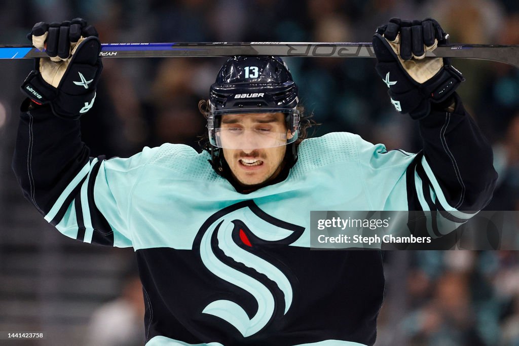 Brandon Tanev of the Seattle Kraken reacts after hitting the crossbar